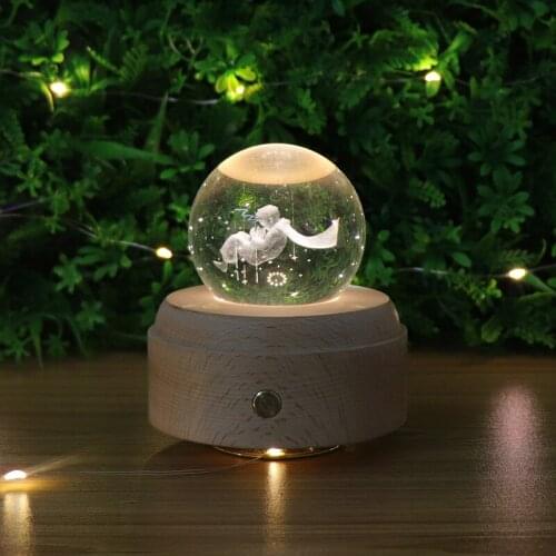 Moon Crystal Ball Night Light Wooden Music Box Music Box Rotary Innovative Birthday Gift Touch dimming little Prince