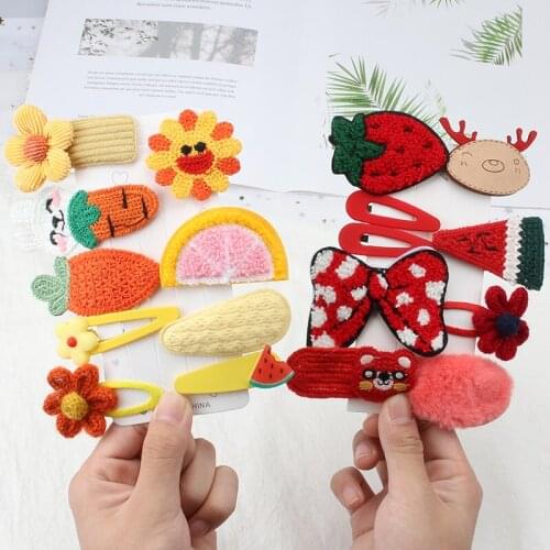 Newest 1Set Hair Clips Girl Cartoon Fruit Cashmere Faux Fur Soft Hairpins Headwear Sweet Children Barrette Kids Hair Accessories