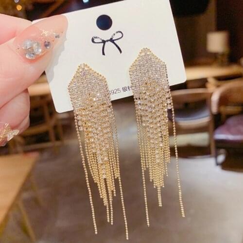 2021 New Trendy Luxury Long Tassel Drop Earrings for Women Crystal Rhinestone Big Hanging Dangle Earrings Bride Wedding Jewelry