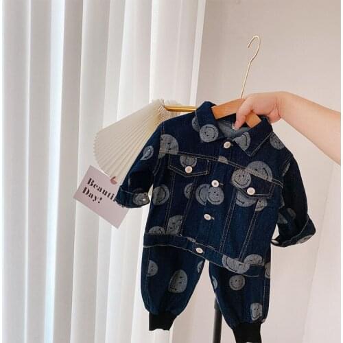 Autumn Girls 2Pcs Suits Smiling Face Lapel Collar Jackets Outerwear Coat + Trousers Denim Jeans Boys Children Kids Clothing Sets