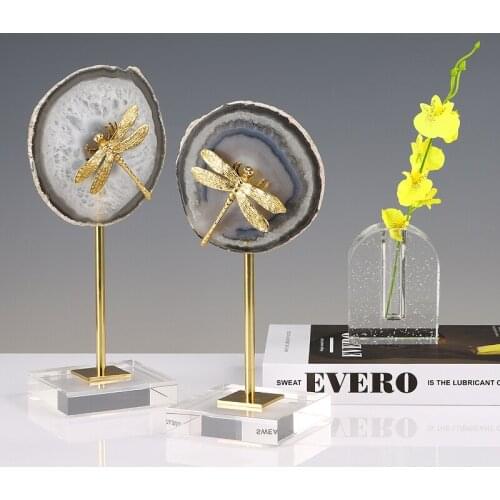 Luxury Golden Brass Dragonfly Ornaments Natural Agate For Living Room Entrance Office Crystal Stone Home Decoration Accessories