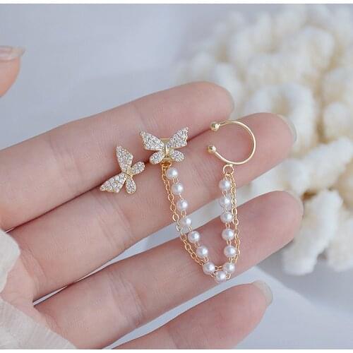Korean Temperament Pearl Butterfly Ear Bone Clip Earrings 14k Real Gold Bling Delite Zircon Earring Wedding Bridal Jewellery