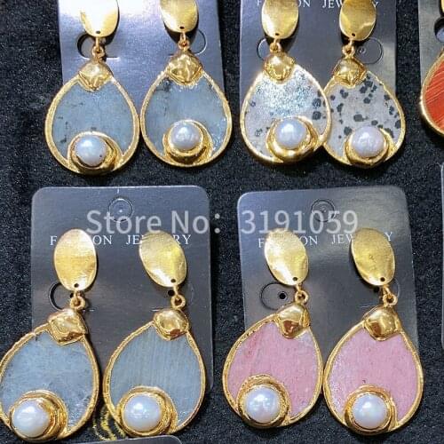 Vintage 24k gold natural stone handmade gold-plated earrings with pearl long-form water drop earrings pendant