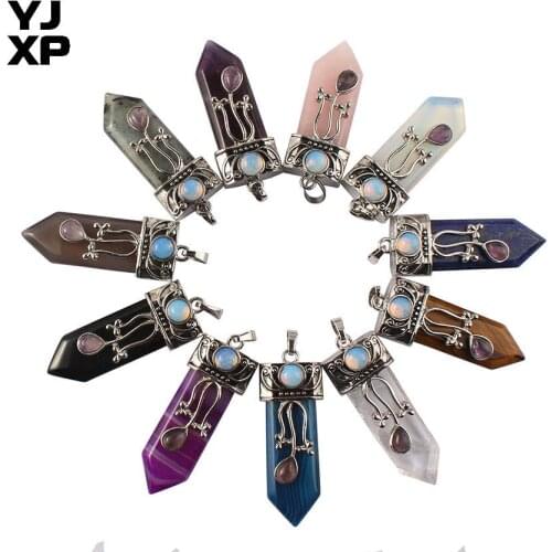 YJXP Silver Plated Laces Natural Rock Crystal Purple Amethysts Tiger Eye Stone Labradorite Sword Shaped Amulet Pendant Jewelry