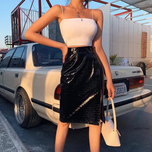 Sexy Black PU Leather Crocodile Skirts Women High Waist Knee Length Pencil Skirts Lady Casual Streetwear Zipper Elegant Skirt