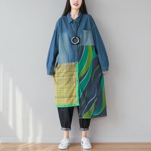 Women Viintage Patchwork Washed Denim Blouse Shirt 2019 Single Breasted Spliced Shirt Tops Female Plus Size Shirts Irregular