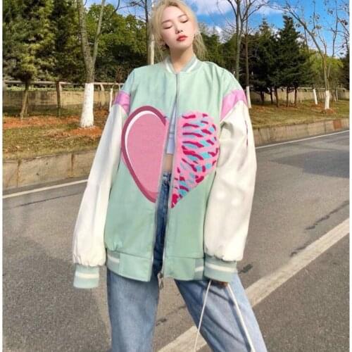 2021 Autumn New Y2K Bomber Jacket Women Korean Fashion Heart-shaped Print Sweet Streetwear Clothing Zip Up Baseball Coat Outwear