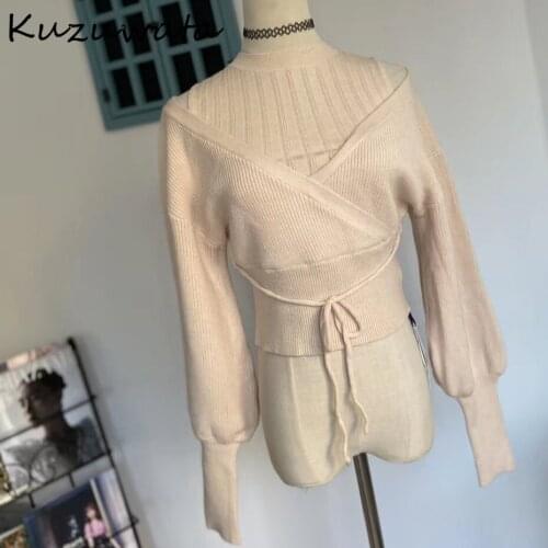 Half-high Drawstring Collar Knitted Sweaters Sweet Loose Shoulder Strapless Women Jackrt Autumn Winter New Pullovers