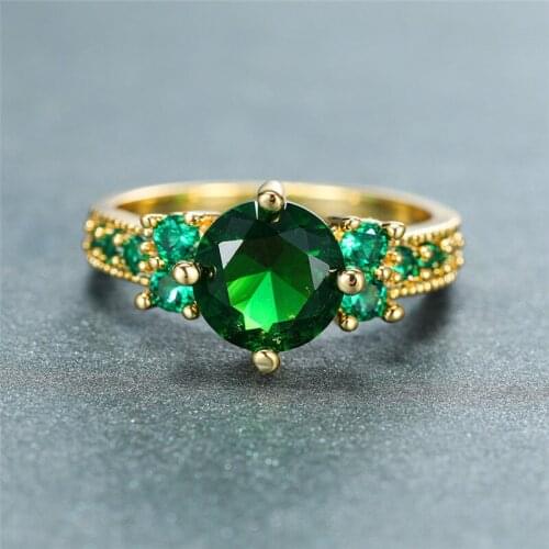 Luxury Female Green Crystal Stone Ring Vintage Yellow Gold Color Wedding Rings For Women Promise Round Zircon Engagement Ring