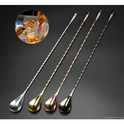 304 stainless steel mixing cocktail spoon 3 colors spiral pattern bar water drop stir spoon Bartender bar tool