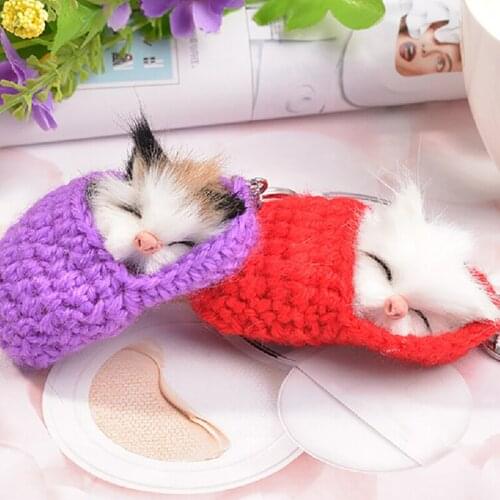 Handmade Cute Sleeping Cat Pompom Keychains For Women Girls Woven Shoes Faux Rabbit Fur Kitten Key Chains Fluffy Car Key Rings