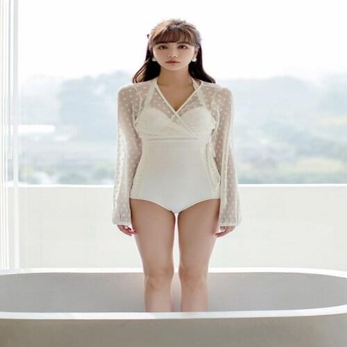 Long-sleeved swimsuit women new Korean ins sexy gathered small breast skirt style cover belly was thin summer swimsuit women