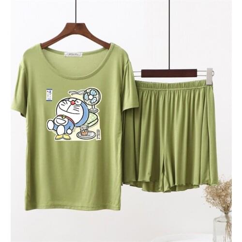 Doraemon Anime Summer Pajamas Set Women Korean Light Green Short Sleeve Girl Sleepwear Loose O-Neck Short Sleeve Modal Homewear