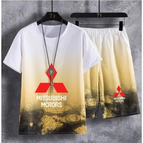 Summer Mens short sleeve mintsubishi motors Car Logo Printing Cotton High Quality Casual Mens short sleeve P+ pants 2-piece