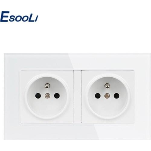 Esooli 16A Double French Standard Wall Socket Crystal Glass Panel Power Outlet Grounded With Child Protective Door 146*86mm