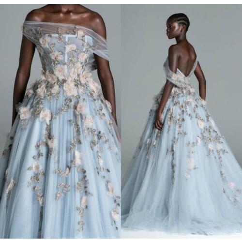 Sky Blue Evening Dresses Off The Shoulder Lace 3D Floral Appliques A Line Prom Dress Party Wear Sweep Train Formal Gowns