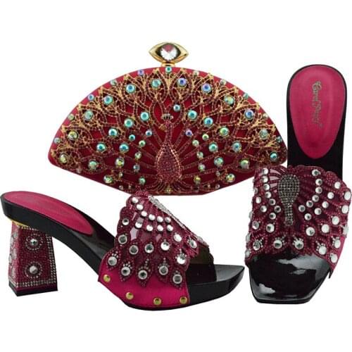 New Fuchsia Color Shoes and Bag Set with Rhinestone Nigerian Women Shoes and Bag Set for Wedding Italy Shoes and Bag heel QSL004