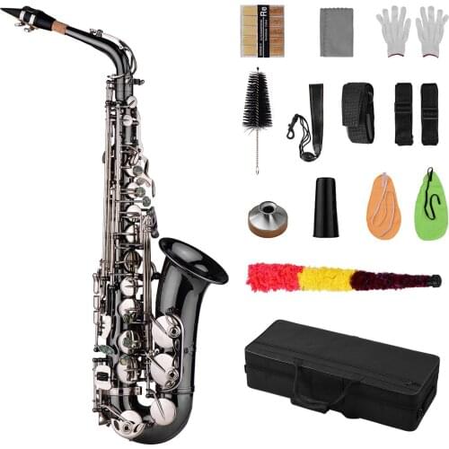 Professional Brass Bend Eb E-flat Alto Saxophone Sax Black Nickel Plating Abalone Shell Keys with Case Gloves Cloth Straps