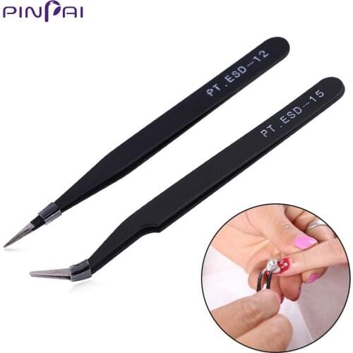 2Pcs/Set Stainless Steel Anti-static Curved Straight Black Tweezer Nail Art Rhinestone Nipper Eyelash Tweezer Clip Picking Tool