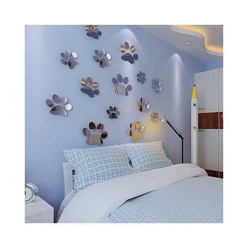Dog Paw Decoration 3D Wall Mirror Crystal Stickers for Pet Store Party Footprints for Kindergarten Bedroom Metope Adornment 4pcs