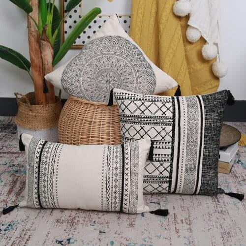 Vintage Black Cushion Cover Cotton Pillow Cover 45x45cm/30x50cm With Tassles for home decoration Living Room Boho Style Retro