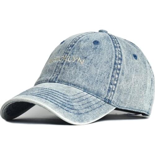 Vintage Washed Cotton Denim Baseball Cap Men Women Dad Hat Adjustable Trucker Style Low Profile Letter Blue