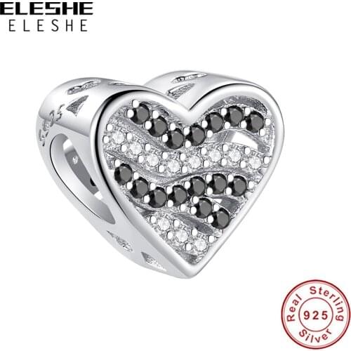 ELESHE Wholesale 100% 925 Sterling Silver Crystal Zebra Pattern Charm Heart Bead Fit For Women Original Bracelet DIY Jewelry