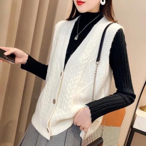 Korean Women Sweater Vest Vintage V Neck Solid Color Sleeveless Pullovers Knitted Woman Cardigan Female Sweaters Unif Top