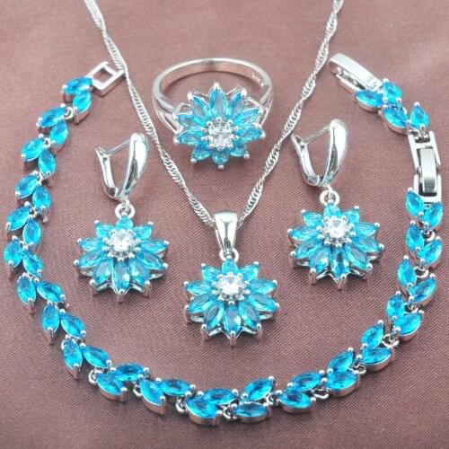 Pretty Flower Sky Blue Zirconia Silver Color Womens Jewelry Sets Bracelet Necklace Pendant Earrings Ring YZ0433