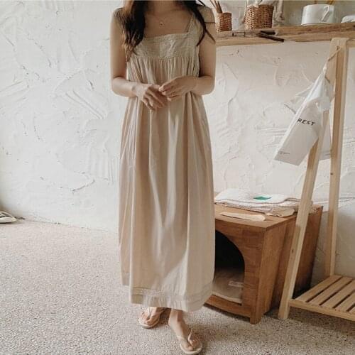 Johnature Summer New Patchwork Lace Dress 2021 Korean Sleeveless Loose Square Collar Solid Color Household Women Dresses