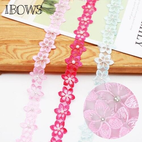 IBOWS 1yard Flower Lace Ribbon Pearl Flower Water Soluble Appliques for DIY Hairband Accessories Clothes Dress Bags Decoration