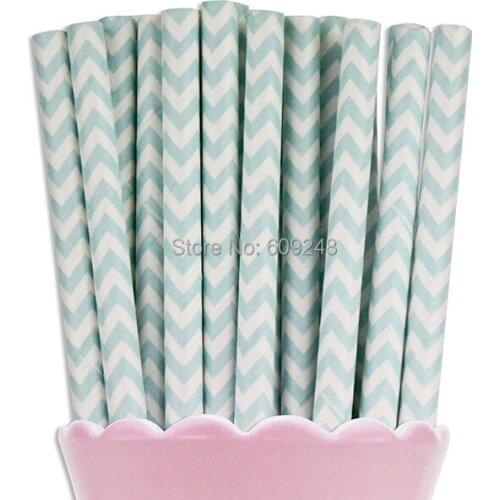 100pcs Mixed Colors Light Blue Chevron Printed Paper Straws, Cheap Vintage Biodegradable Baby Shower Party Paper Drinking Straws