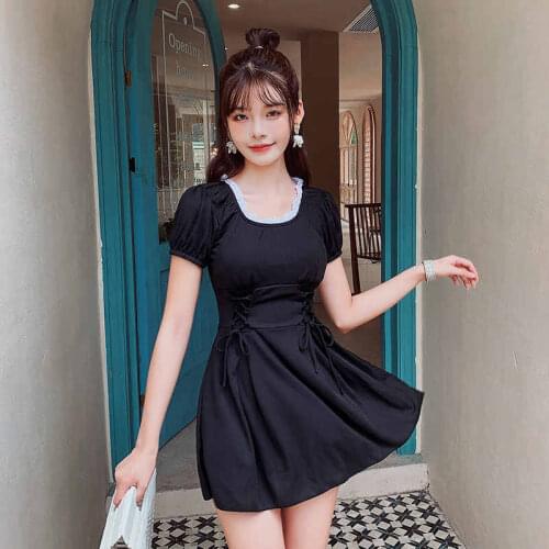 2021 Korean Short-Sleeved Dress-Style Waistband Both Sides Cross Bow-Knot ，Lace Embellishment Hot Spring Small Fresh Swimsuit