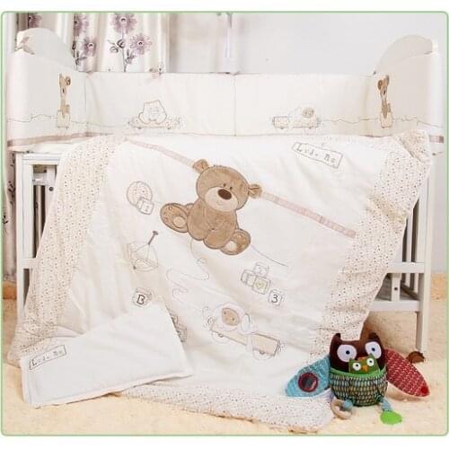 Promotion! 7PCS Embroidery cot baby Bedding set crib bed linen baby bed sheet ,(bumpers+duvet+sheet+pillow)