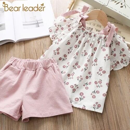Bear Leader Girls Dress 2021 New Children Clothing Sling Off-the-shoulder Dress Childrens Clothes Set Floral Top + Dress Set