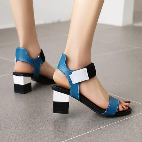 Plus Size 42 43 Women Shoes 2021 Summer New Fashion Open Toe Block High Heels Party Modern Mixed Colors Hook Loop Sandals Black