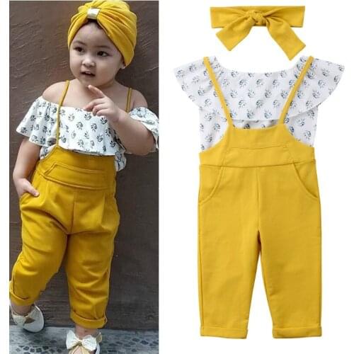 2019 Summer Toddler Baby Girl Clothes Off Shoulder Short Sleeve Shirt Strap Long Trousers 3Pcs Children Baby Girls Clothing Set