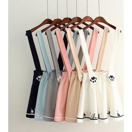 Women Casual Suit Set Japan Cute Kawaii Preppy Style Embroidery cartoon High Waist Brace Strap A-Line Pleated Skirt