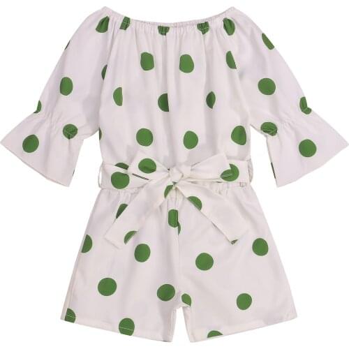Girls Casual Overalls White Wavy Points Dotted Printed Pattern Short Sleeve Boat Neck Belted Playsuits