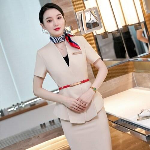 Summer Short Sleeve Formal Professional Business Suits with Skirt and Tops Ladies Office Work Wear Blazers Set with Scarf Belt