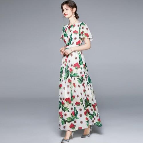 Summer Fashion Runway Plus size Dress Women Chiffon Floral Print Elegant Boho Holiday Party Maxi Long Dress k7022