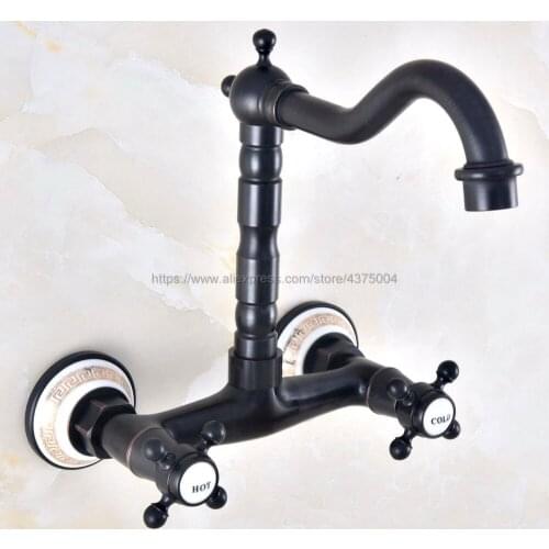 Oil Rubbed Bronze Bathroom Basin Faucet Wall Mounted Double Handle Swivel Spout Hot and Cold Mixer Faucet Nnf454