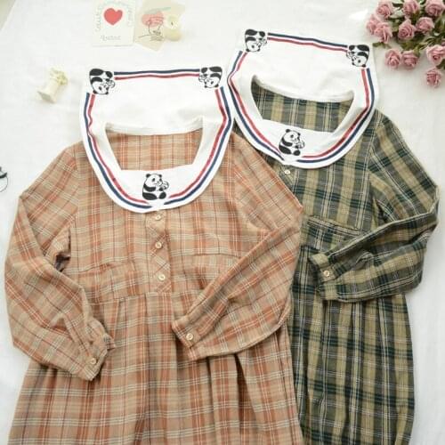 Sweet Womens Long Sleeve Plaid Dress Panda Embroidery Sailor Collar Dress Fall Autumn Cute Girl One Piece
