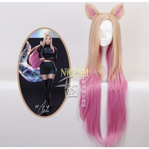 Game KDA Baddest Ahri Cosplay Wigs LOL KDA Blonde Mixed Pink Hairpiece with Ears Heat Resistant Synthetic Hair Wig