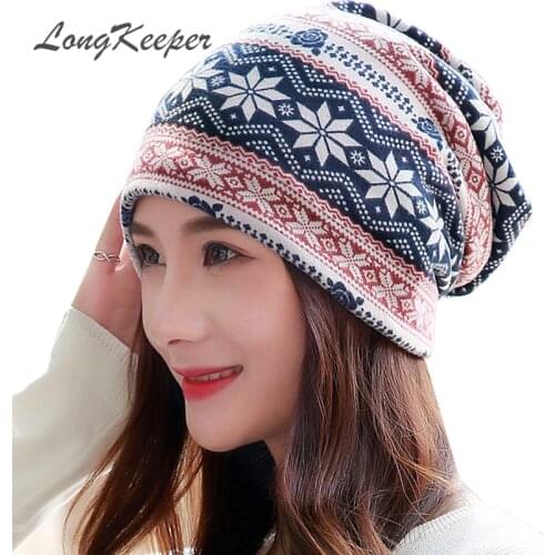 LongKeeper Fashion Polyester Hat Adult Casual Snowflake Beanies Womens Spring Autumn Female Cap Scarf