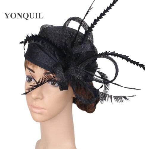 Nice Fashion Sinamay Wedding Chapeau Cap Bridal Elegant Fascinator Hat Hair Pin Fancy Feather Headpiece Women Party Millinery