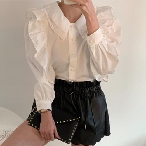 Elegant Ruffles Patchwork Slim Blouse Women Double Doll Collar Puff Long Sleeve Blusas Spring 2021 New Solid Shirt