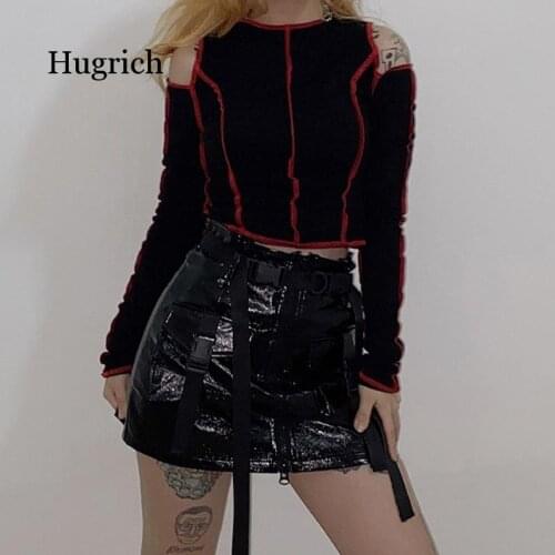 Goth Dark Punk Gothic Womens T-shirts Hollow Out Patchwork Cropped Top Winter 2021 Female T-shirt Chic Aesthetic