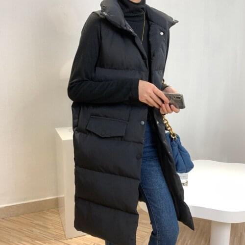 2020 Autumn Winter Cotton Vest Coat Womens Long Korean Casual Stand Collar Loose Black Long Sleeve Puffer Jacket Parka