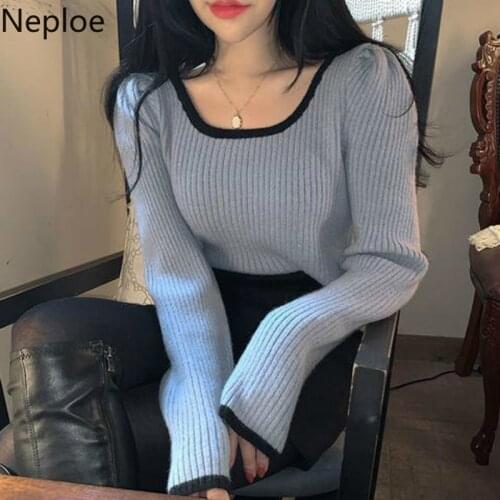 Neploe Women Sweater Puff Long Sleeve Knitted Tops 2021 Autumn Winter Korean Contrast Color O-neck Pullover Knitwear 4D932